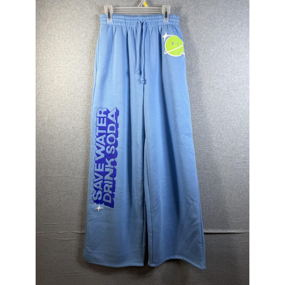 Poppi Sweatpants Womens XS Blue Wide Leg Fleece Save Water Drink Soda Graphic
